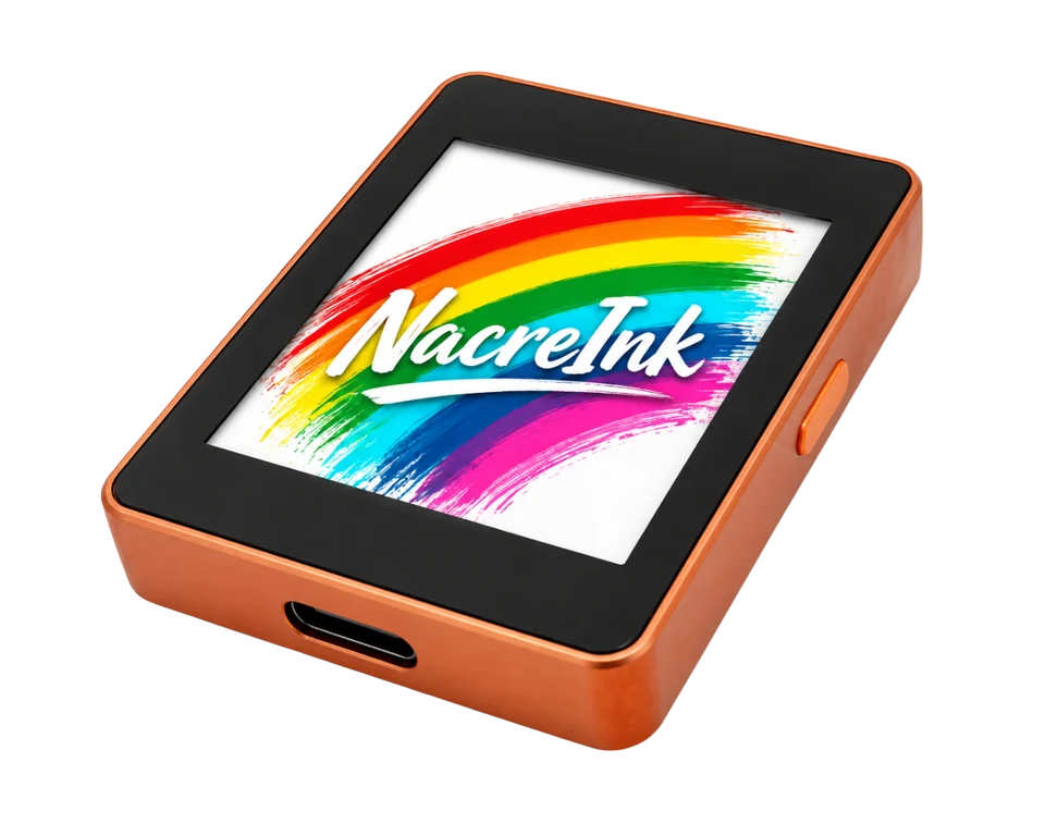 Orange NacreInk E-Key with a colorful E-Ink display